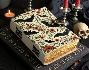 Bat & Floral Leather Grimoire Journal | Book of Shadows