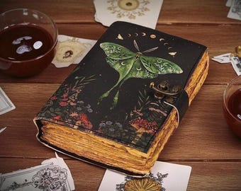 Luna Moth Leather Journal: Blank Spell Book of Shadows, Deckle Edge Paper