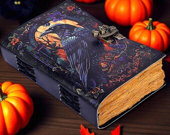 Raven Leather Grimoire, Witchcraft Book of Shadows, Blank Spellbook