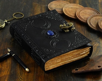 Triple Moon Goddess Leather Journal: Handmade Stone Sketchbook
