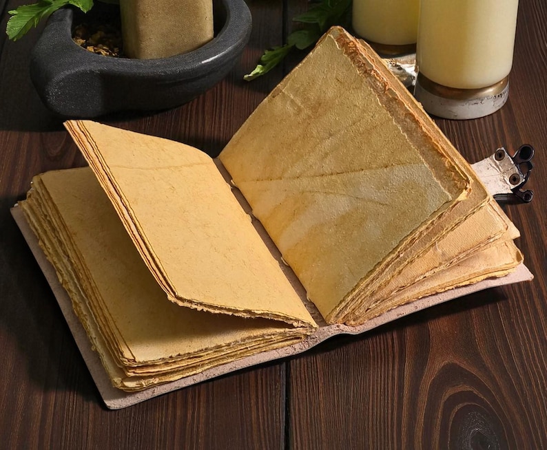 May include: An open, antique-style journal with aged, yellowed pages. The book is bound with a light-colored cover and held open with a metal clip. The pages have a textured, handmade appearance, suggesting a vintage or handcrafted item.