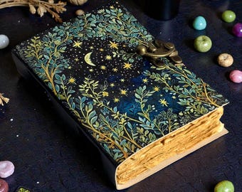 Diario Grimorio de Cuero • Árbol de la Vida, Luna y Estrellas, Candado Vintage