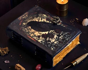 Raven Leather Grimoire Journal – Gothic Witchcraft Book of Shadows with Lock