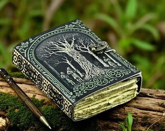 Livets träd lädergrimoire, vintage trollformelbok, 400-sidig dagbok
