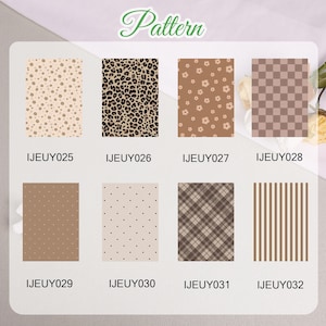 May include: A collection of eight patterned designs, each rectangular with a unique pattern. The patterns include floral, leopard print, checkered, polka dots, plaid, and stripes. The word "Pattern" is written in cursive at the top. Each design is labeled with a code.