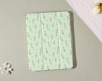 Fresh Green Floral iPad Case with Pencil Holder for iPad Pro 2025/2024 13''/11",Air 7-11/13″,iPad 10/9/8th Cover,iPad Mini 4/5/6/7 Case