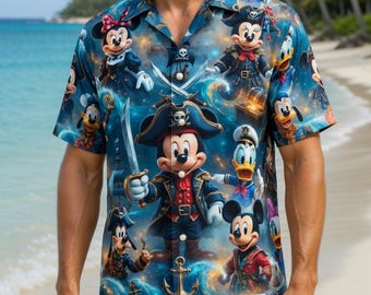 Divertida camisa hawaiana de Mickey Mouse de Piratas del Caribe de Disney, camisa con botones para viaje familiar a Disneyland, regalo de camiseta hawaiana para hombres y mujeres.