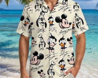 Divertida camisa hawaiana de Disney Mickey y sus amigos, camisa con botones para viaje familiar a Disneyland, camisa con la firma de Mickey Mouse, regalo para hombres y mujeres.