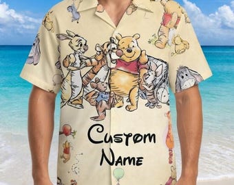 Camisa hawaiana personalizada de Winnie the Pooh, camiseta hawaiana con nombre personalizado y dibujos animados, regalo de cumpleaños
