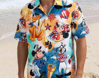Camisa hawaiana de crucero de Mickey Mouse de Disney, camisa de crucero de dibujos animados de Minnie Mouse en Hawái, camisa abotonada de crucero de Mickey