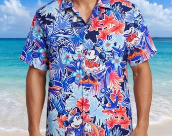 Camisa hawaiana de crucero de Mickey Mouse de Disney, regalo para amantes de la playa con estampado de flores tropicales, camisa hawaiana de crucero con dibujos animados