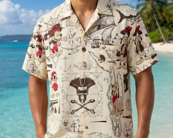 Funny Disney Pirates Mickey Mouse Hawaiian Shirt, Pirate Mickey Hawaii Tee, Disneyland Family Trip Button Tee, Summer Beach Tee