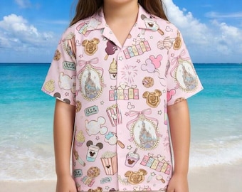 Camisa hawaiana personalizada Coquette Bow Castle Disney, camiseta hawaiana de dibujos animados con nombre personalizado, regalo de cumpleaños de Mickey y Minnie para refrigerios y bebidas