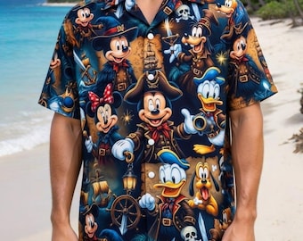 Divertida camiseta hawaiana de Mickey Mouse pirata, camiseta de Disney Mickey y sus amigos de Hawái, camiseta con botones para viaje familiar a Disneyland, camiseta de playa de verano
