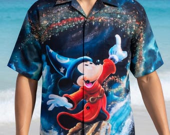 Divertida camiseta hawaiana de Mickey el Hechicero de Fantasía, camiseta hawaiana de Mickey de Fantasía de Walt Disney, camiseta de Mickey de Fantasía, camiseta con botones para viaje a Disneyland