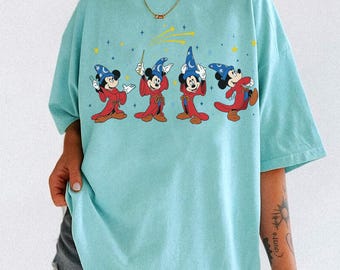 Camiseta retro de Mickey Sorcerer con colores cómodos, camiseta de Mickey Fantasmic, viaje familiar a Disneyland