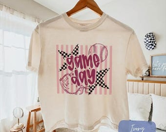Camiseta corta cuadrada para mamá, ideal para el día del partido de béisbol, camisa deportiva cómoda con estrellas a cuadros, bonito atuendo a rayas para mujer.