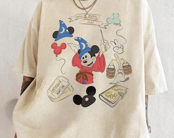 Camiseta retro de Mickey Sorcerer con colores cómodos, camiseta fantástica de Mickey Sorcerer, camisetas familiares a juego para viajes a Disneyland