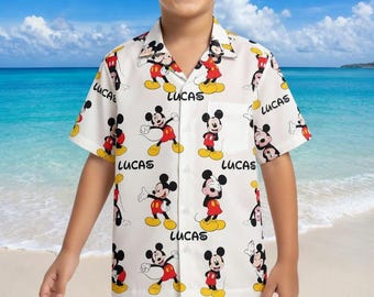 Divertida camiseta hawaiana de Mickey Mouse de Disney, camiseta hawaiana de Mickey Mouse con nombre personalizado, camiseta con botones para viaje a Disneyland.