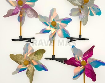 Mini Glitter Pinwheel Hair Clips (Set of 5) - Rave Sprouts- Rave trinkets - Variety colors- Festival Accessories - whimsical