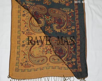 Paisley pashmina Double Sided Black and Yellow Tassels - Rave Pashmina- Festival Accessory- Bufanda - Reboso