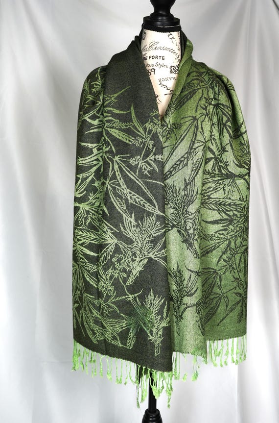 Mary Jane Cannabis Green Weed Pashmina- Marijuana Pash Inverted- Two Sided- Festival Accessory
