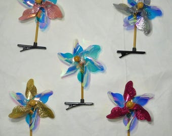 Mini Glitter Pinwheel Hair Clips (Set of 5) - Rave Sprouts- Rave trinkets - Variety colors- Festival Accessories - whimsical