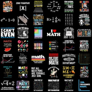 May include: A collection of forty-two individual black square graphics featuring various math-themed designs, including equations, geometric illustrations, humorous text, and colorful icons related to algebra, geometry, and calculus concepts.