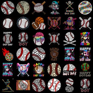 May include: A collection of digital illustrations featuring baseballs, bats, and gloves rendered in dot art styles. Many designs include colorful patterns, dripping paint effects, and the text Happy Dot Day on a black background.
