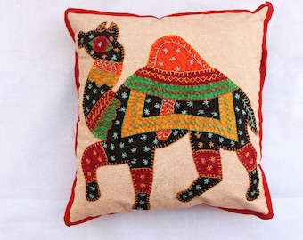Embroidered Camel Cushion Cover Set: Indian Textile Art (Set of 2)