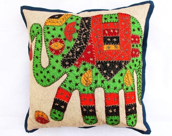 Embroidered Elephant Motif Cushion Cover (Set of 2) : Textile Art, Decorative Pillow, Boho Decor
