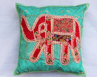 Handmade Khambadiya Elephant Patchwork Cushion Cover (Parrot Green, 16x16")