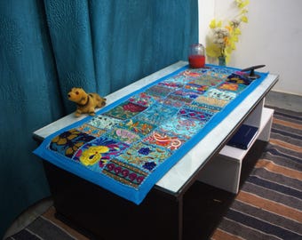 Handcrafted Khambadiya Patchwork Table Runner, Indian Boho Vintage Runner Rug 13x36 Inches