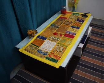 Handcrafted Khambadiya Patchwork Table Runner, Indian Boho Decor, Vintage Embroidered Cotton Runner