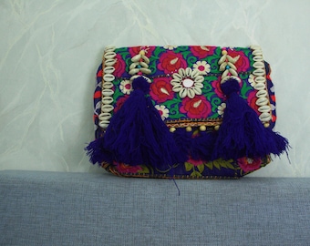 Royal Blue Handmade Boho Purse with Floral Embroidery & Shell Tassels, Indian Artisan Handbag