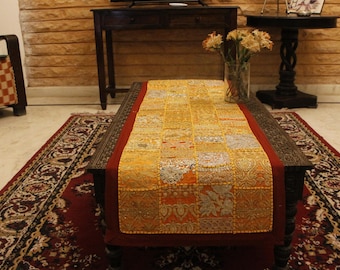 Handmade Vintage Khambadiya Table Runner – Golden Yellow Patchwork with Zari & Embroidery