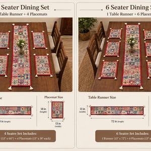Puede incluir: Un juego de comedor con camino de mesa y manteles individuales de patr&oacute;n geom&eacute;trico colorido y borlas blancas. El set de 4 incluye un camino de 33 cm por 152 cm y cuatro manteles de 33 cm por 46 cm. El set de 6 incluye un camino de 33 cm por 183 cm y seis manteles de 33 cm por 46 cm.