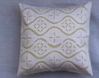 Handcrafted White & Beige Cushion Cover with Traditional Kantha Hand Embroidery