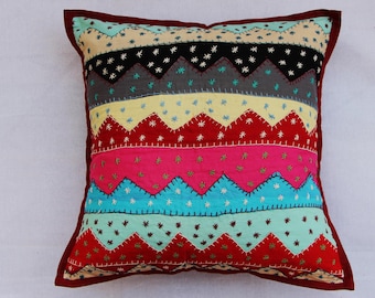 Handmade Khambadiya Patchwork Cushion Cover – Multicolor with Kantha Embroidery