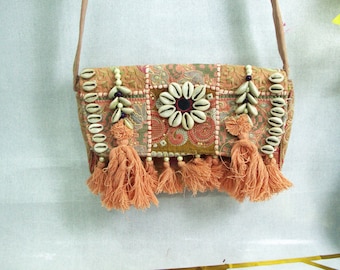 Embroidered Boho Bag, Terracotta Peach, Cowrie Shells, Handmade Indian Purse