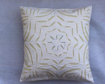 Handcrafted White & Beige Cushion Cover with Traditional Kantha Hand Embroidery