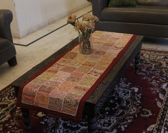 Handmade Khambadiya Patchwork Table Runner : Peach & Maroon - Indian Vintage Linen, Cotton Embroidered Dining Runner