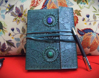 Emerald Green Embossed Leather Journal – 8x6 Inch Handmade Notebook with Triple Gemstones & Wrap Closure |