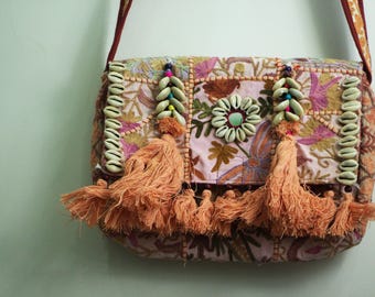 Blush Peach Handmade Boho Purse with Kodi & Tassel Embellishments, Indian Embroidered Handbag, Artisan Bag