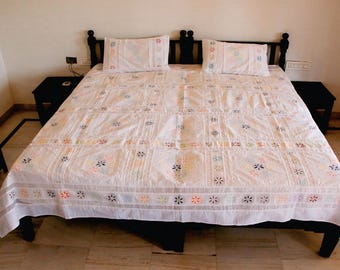 Appliqué Cotton Bedcover Sofa Room Throw King Size Dohar| Artisan Indian Handmade Exotic | Elegant Blue Geometric | Country Living Home