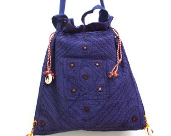 Vintage Embroidered Tote Bag With Indian Mirror Work : Cowrie Shell Accents, Boho Handbag