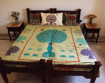 Applique Tree of Life Bedcover - Arts and Crafts - Pastel Green Cotton Blanket Throw - Made in India