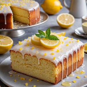 May include: A rectangular lemon cake with white icing and lemon slices on a grey plate. The cake is decorated with lemon zest and mint leaves. A round cake with a slice removed is in the background, along with lemons and a jug.