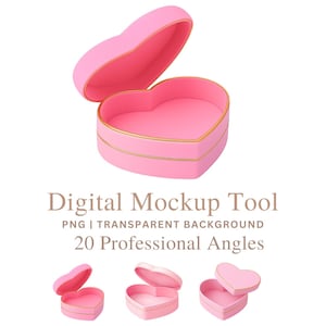 May include: A pink heart-shaped box with a gold trim, the lid is open. The text "Digital Mockup Tool" is below the box, along with "PNG | Transparent Background" and "20 Professional Angles". Three smaller heart boxes are at the bottom.