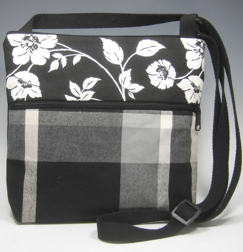 Black and White Floral and Plaid Pearl Crossbody Purse